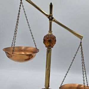 Vintage Copper & Brass Scales of Justice Kitchen Scale with Amber Glass